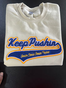 KEEP PUSHIN Greater Service Greater Progress Chenille Cream sweatshirt