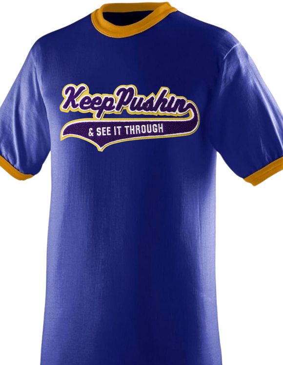 Chenille “Keep Pushin” Ringer Tshirt